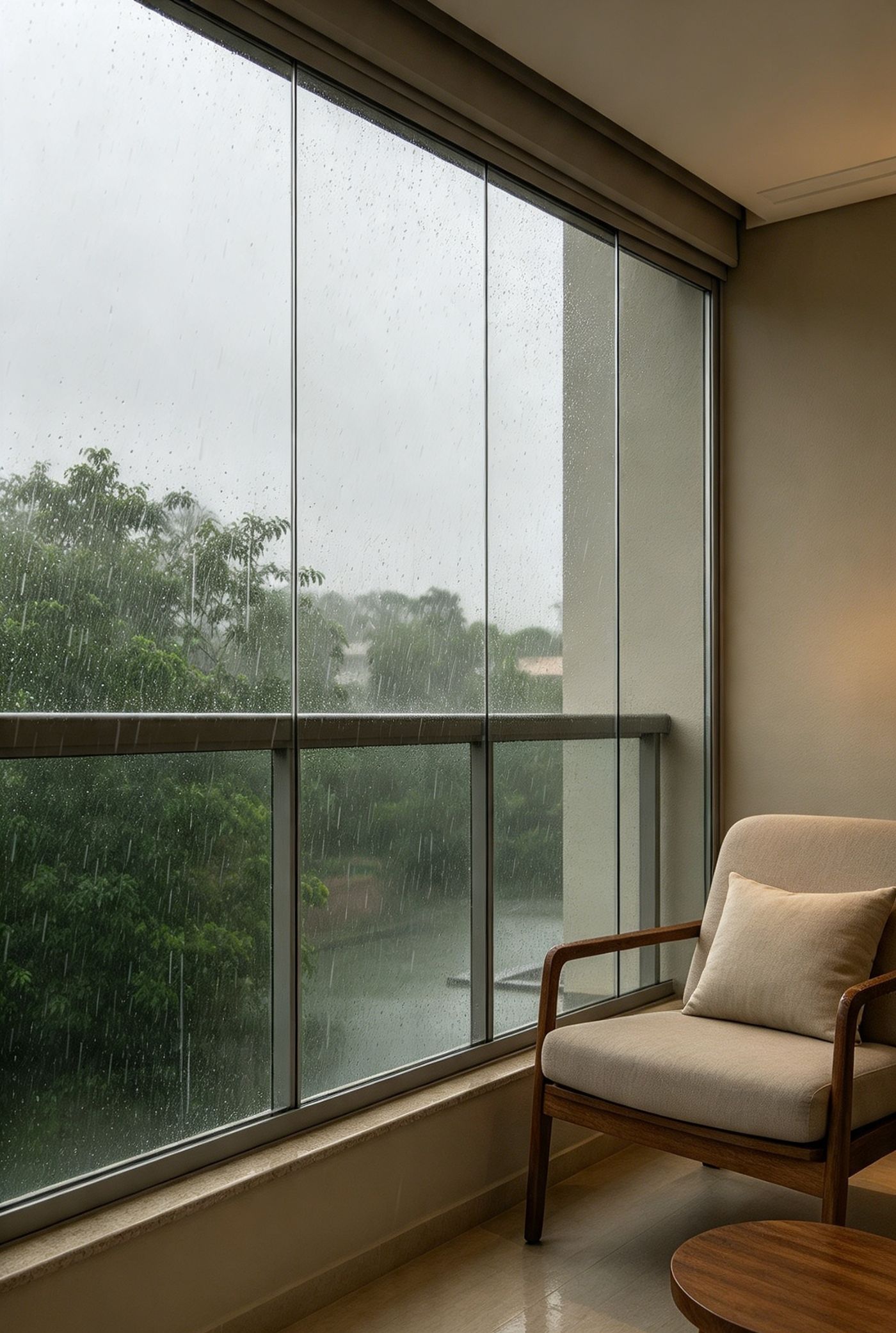 Sacada envidraçada fechada durante a chuva, com poltrona no ambiente interno seco